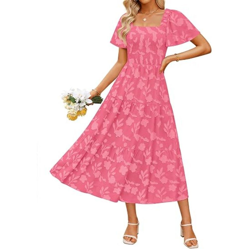 Women's Hot Pink Square Neck A Line Short Sleeve Graduation Long Dresses